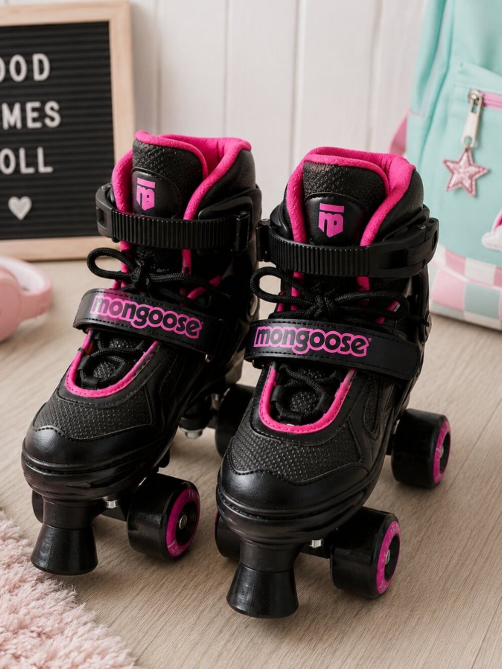 Mongoose Girls Adjustable Roller Skates Black Pink Quad Size 1-4